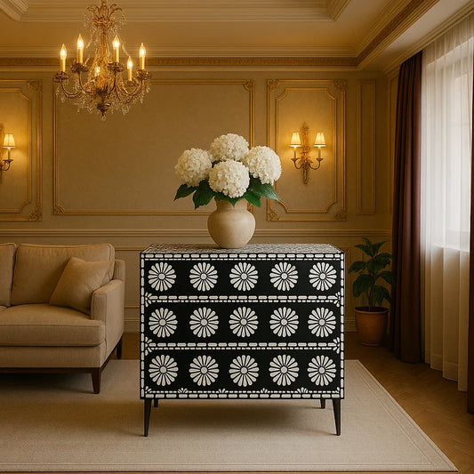 Three-drawer black bone inlay sideboard with white floral pattern, staged in an elegant room with classic décor