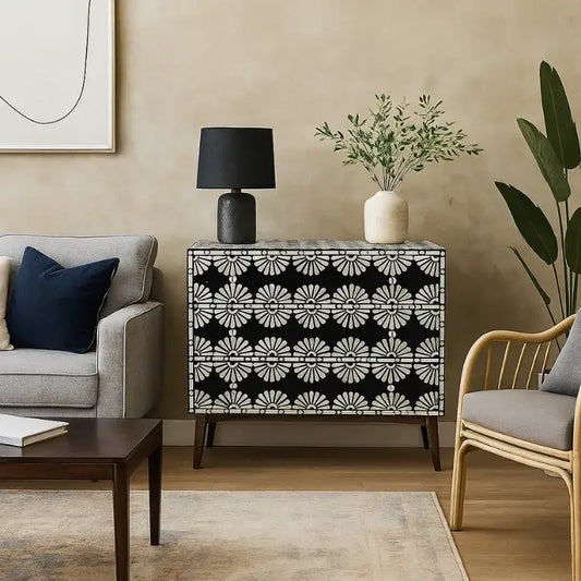 Three-drawer black bone inlay sideboard with white floral pattern, staged in an elegant room with modern décor