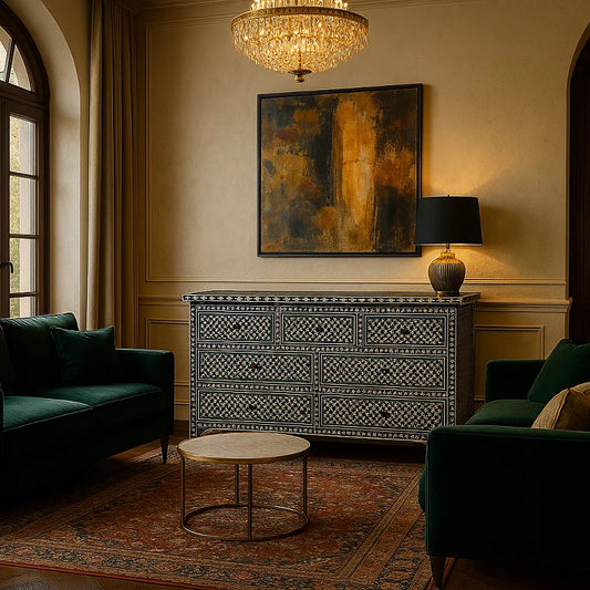 Black bone inlay chest of drawers in elegant living room interior with green velvet sofas and chandelier