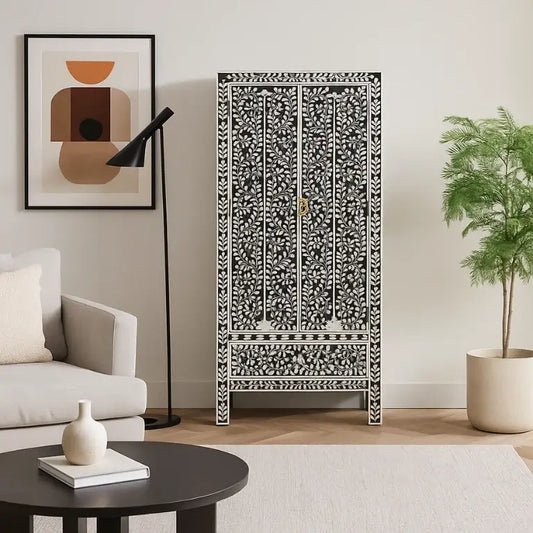 Decorative bone inlay cupboard  with black and white floral pattern in a modern living room setting