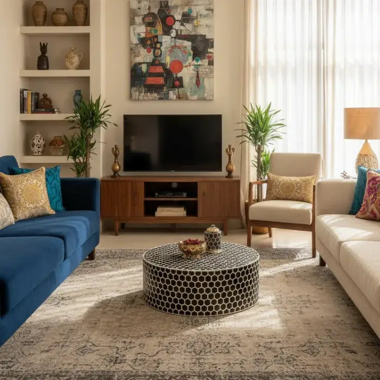 Luxury Black Bone Inlay Round Coffee Table in Indian Style Living Room Décor