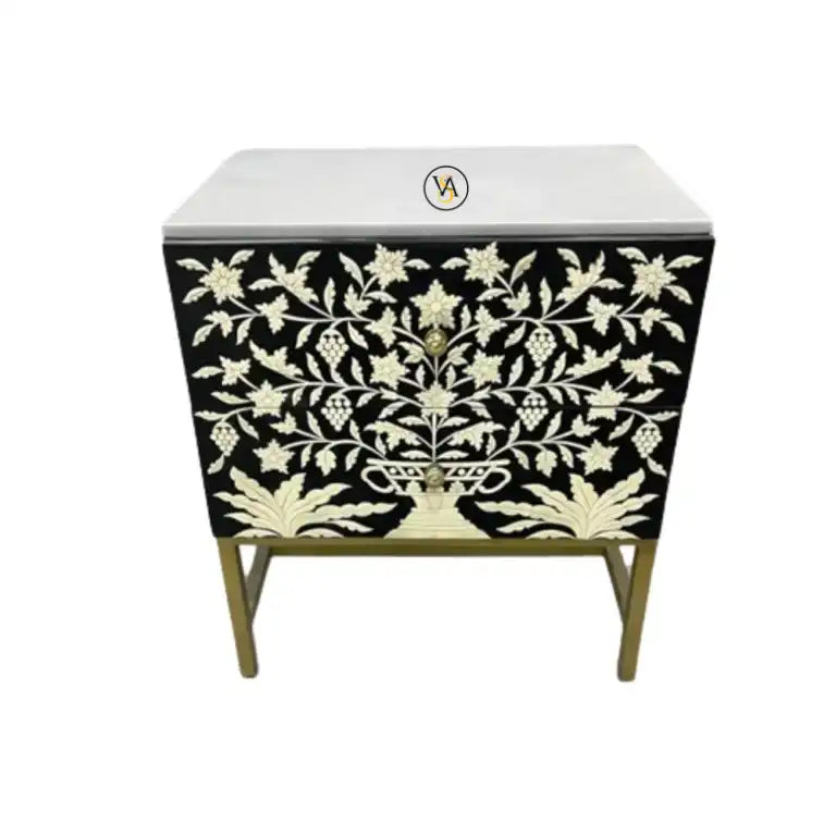Bone Inlay Black Side Table with Floral Embossed Pattern