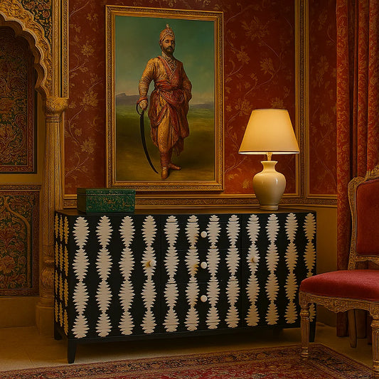 A Bone Inlay Sideboard with a geometric design, featuring three drawers and two doors, placed in a room with a portrait painting, a lamp, and a patterned wall.