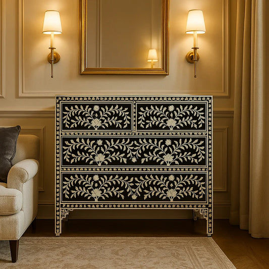 Black Floral Embossed Bone Chest Of 4 Drawers