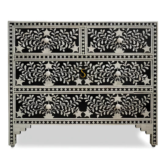 Black Floral Embossed Bone Chest Of 4 Drawers