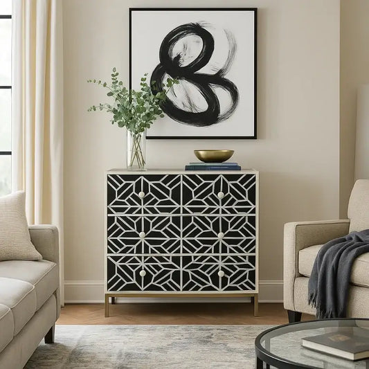 Black Luxury Bone Inlay Chest of Drawer in Modern Living Room Setup 