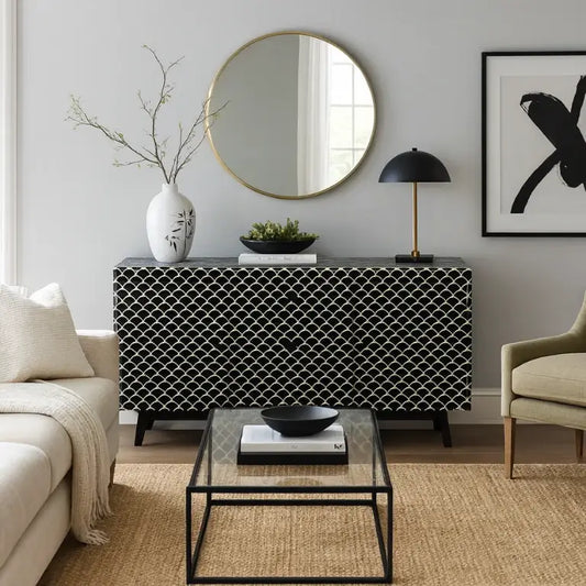 Black Mother of Pearl Sideboard styled in a modern living room with mirror and décor