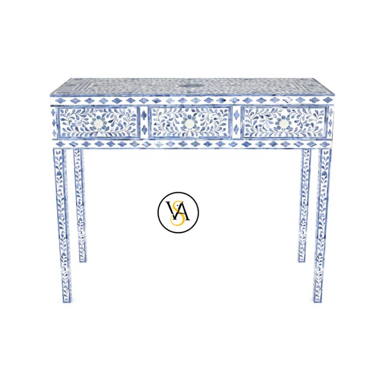 Front view of blue bone inlay dressing table with three drawers