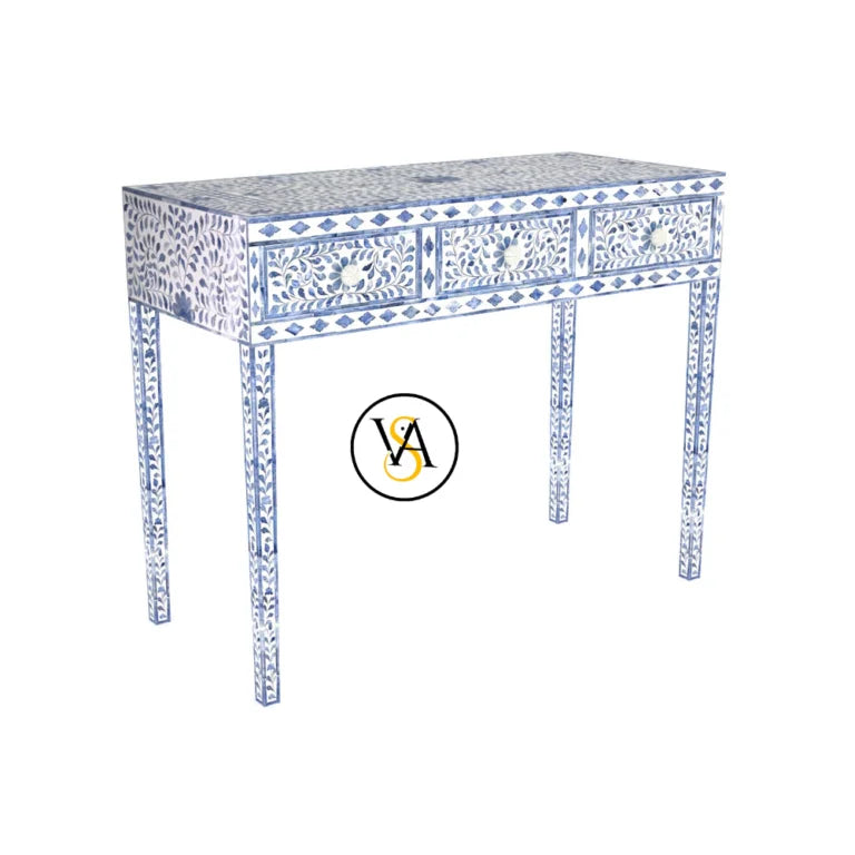 Side angle of bone inlay dressing table showing carved patterns