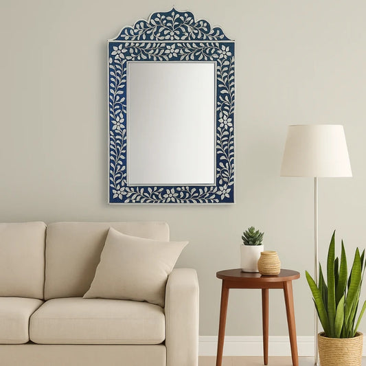 Beautiful Blue Bone Inlay Mirror with Jharokha Floral Design in a living room setting.
