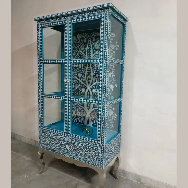 Floral design Home Bar Cabinet with mother of pearl inlay – side angle view