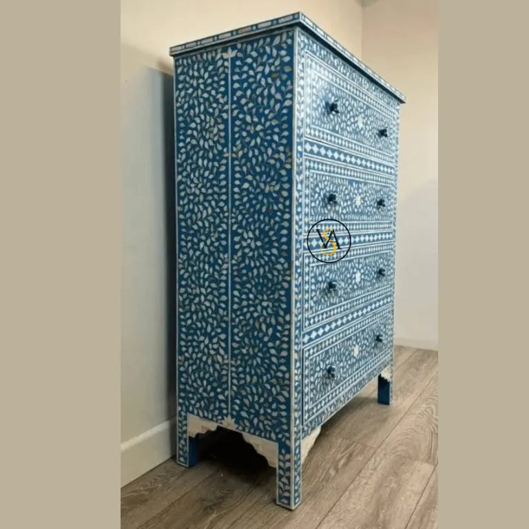 Beautiful Mother of Pearl Blue Tall Dresser Chest – Side Angle