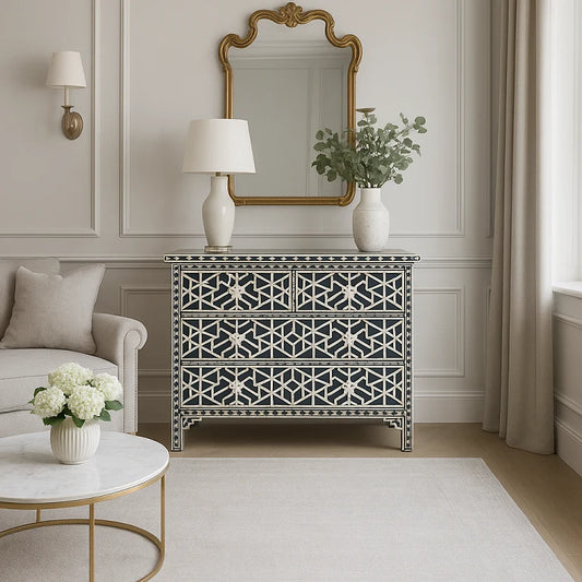 Bone Inlay 4 Drawer Chest Iberia Design Black Color