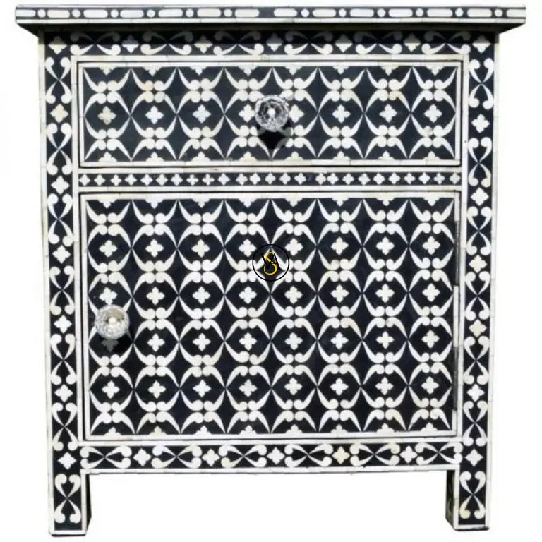 Bone Inlay 1 Drawer 1 Door Side Cabinet badrun Design Black