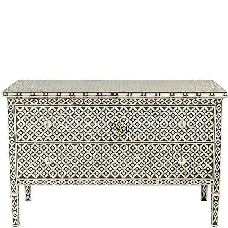 Bone inlay chest of drawers with intricate lattice design on a white background