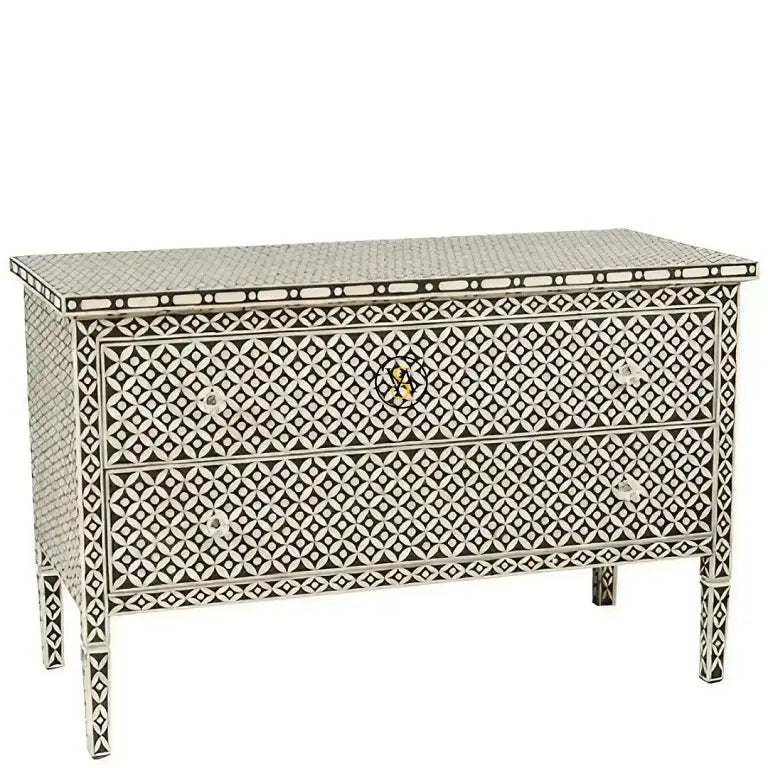 Bone Inlay chest of drawers with geometric pattern on a white background