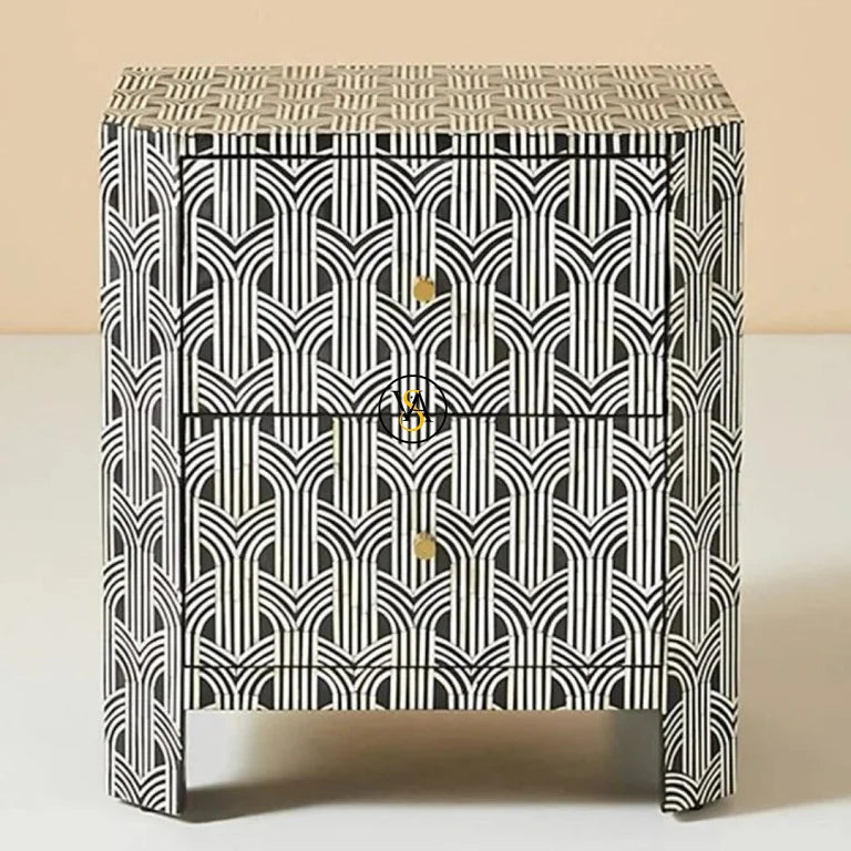 Bone Inlay 2 Drawer Geometrical Design Bedside | Nightstand | Side Table Black Color