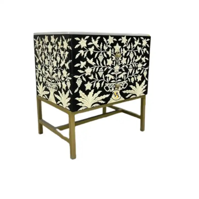 Black Bone Inlay 2 Drawer Night Stand with Brass Stand