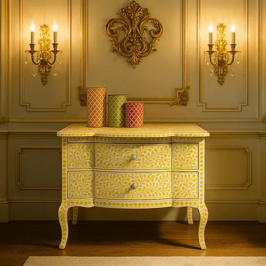 Bone Inlay 2 Drawers Floral Design Console Table in Yellow Color