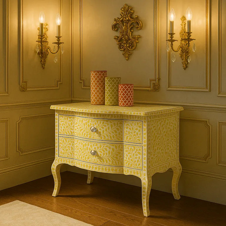 Bone Inlay 2 Drawers Floral Design Console Table in Yellow Color