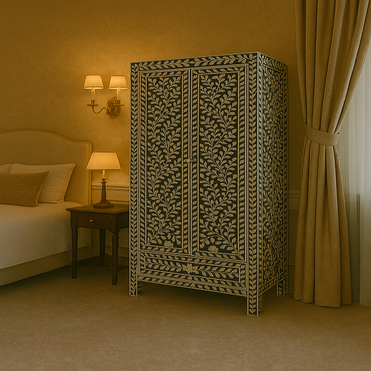 Bone Inlay Armoire Cupboard 2 door 1 drawer Bottom | Bone Inlay Almirah | Storage Unite | Black Wardrobe