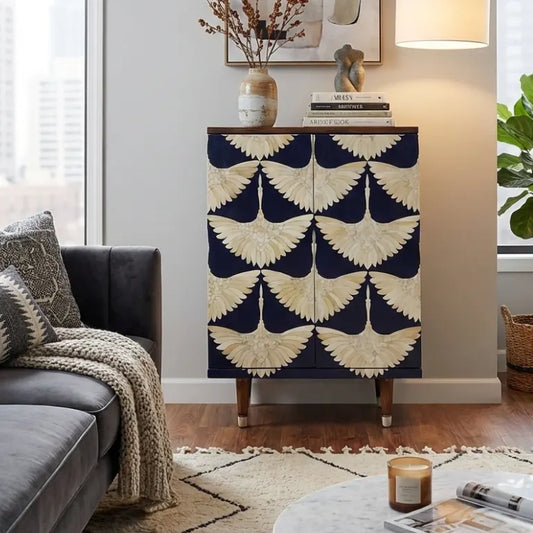 Bone Inlay Black Cabinet with Bird Pattern in modern living room with fully furnished 
