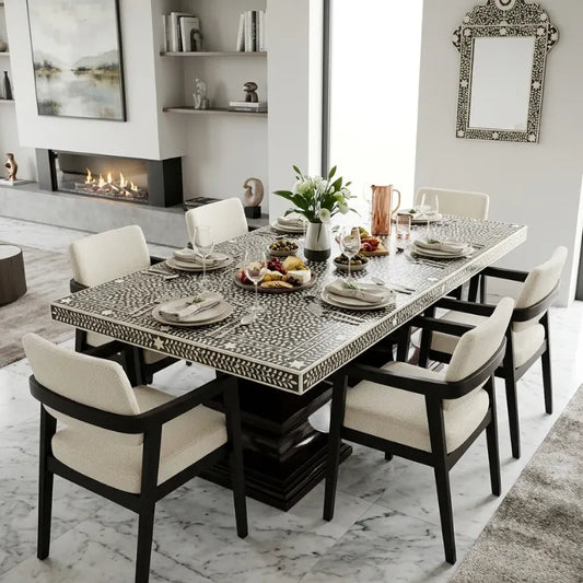 luxury bone inlay black dining table in modern dining room with chairs and decor