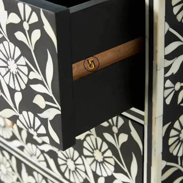 Black Bone Inlay 3 Drawer Nightstand Open Drawer Closeup