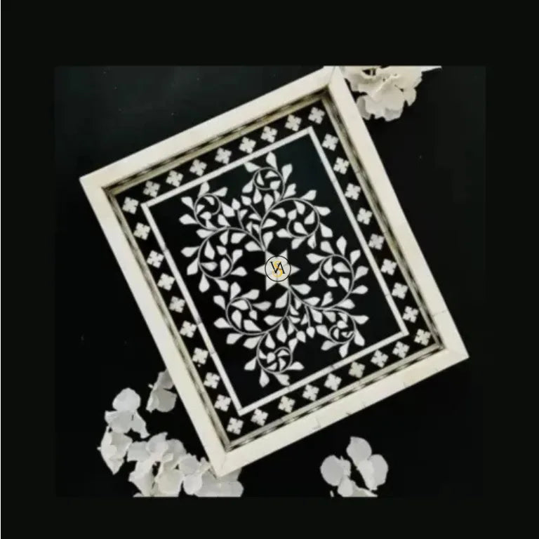 Handmade Bone Inlay Black Serving Tray – Floral Design on a black background