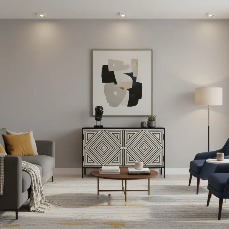 Bone Inlay Black Storage Cabinet with Geometric Stripe Design placed in modern living room with fully furnished 