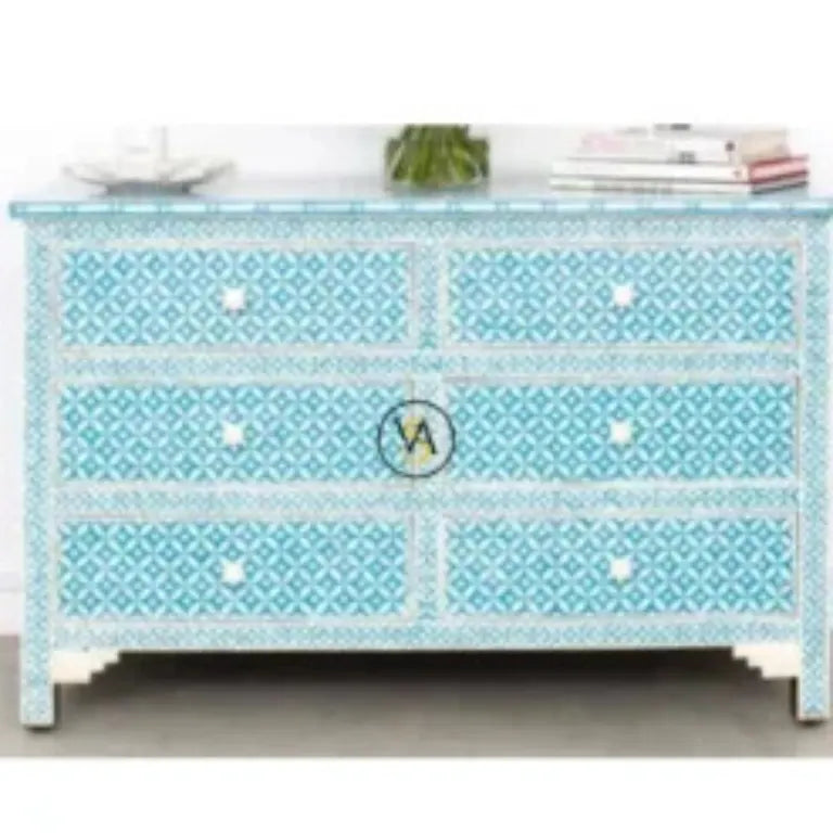 Bone Inlay Blue 6 Drawer Dresser with geometric pattern design