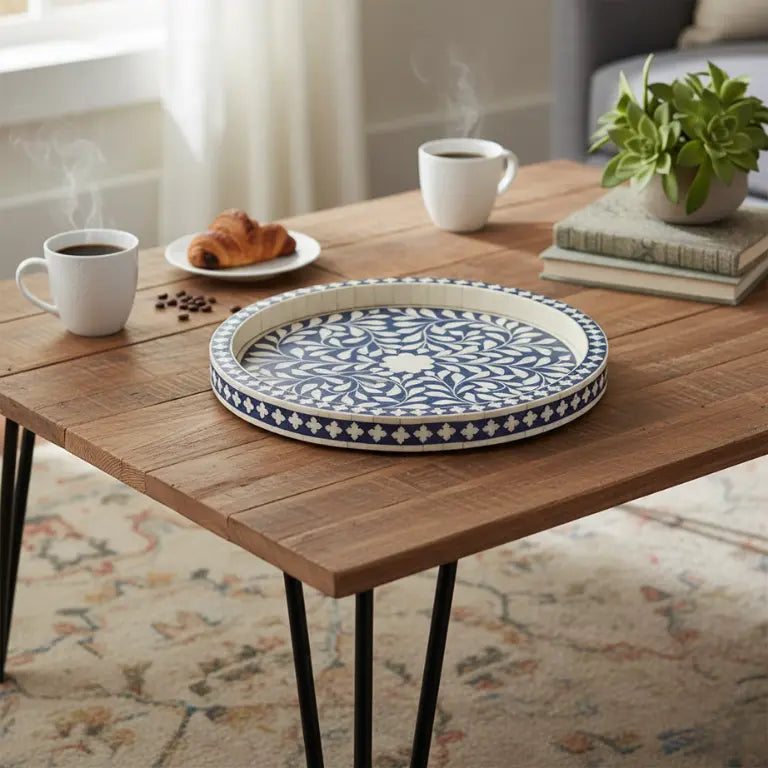 Bone Inlay Blue Tray on wooden table, coffee cups, and a plant.