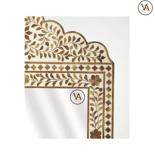 Decorative bone inlay brown mirror with beautiful floral patterns on a white background