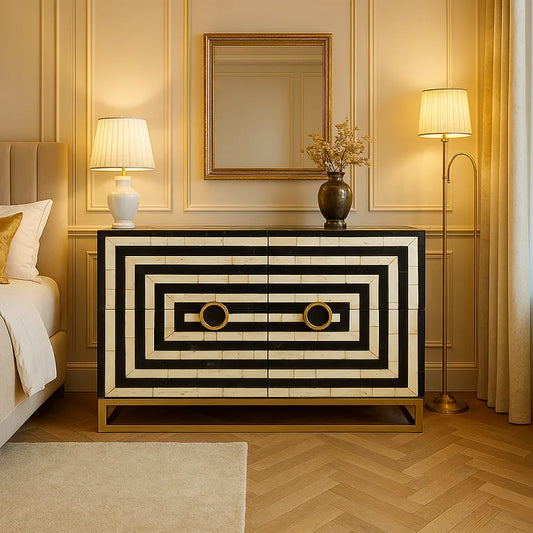 Bone inlay sideboard in a warm modern bedroom with soft natural lighting