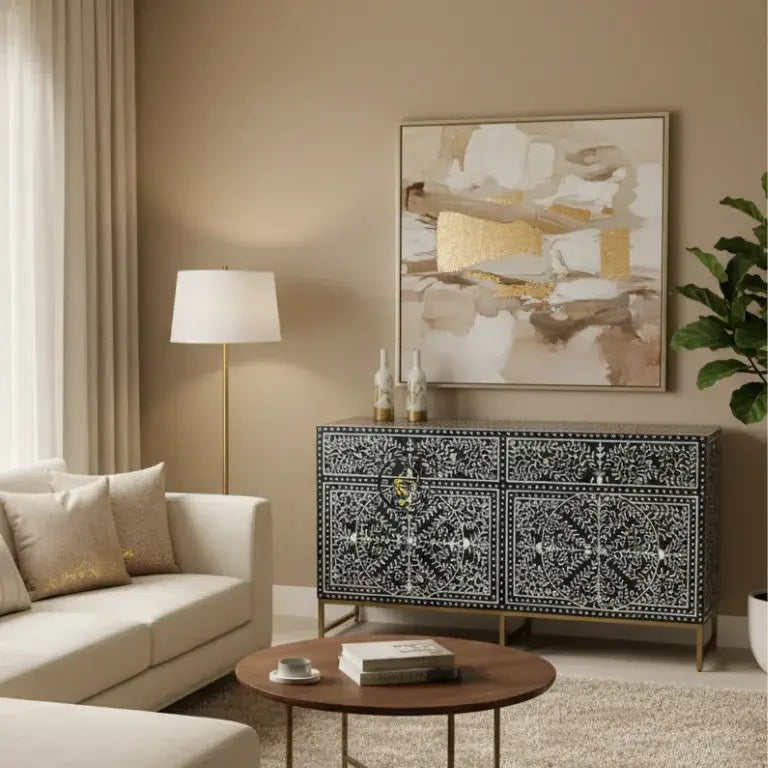 Living room with a decorative navy blue bone inlay cabinet with brass base, lamp, and abstract painting.