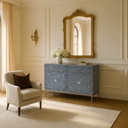 Bone Inlay Cabinet Floral Leaf in Navy Blue