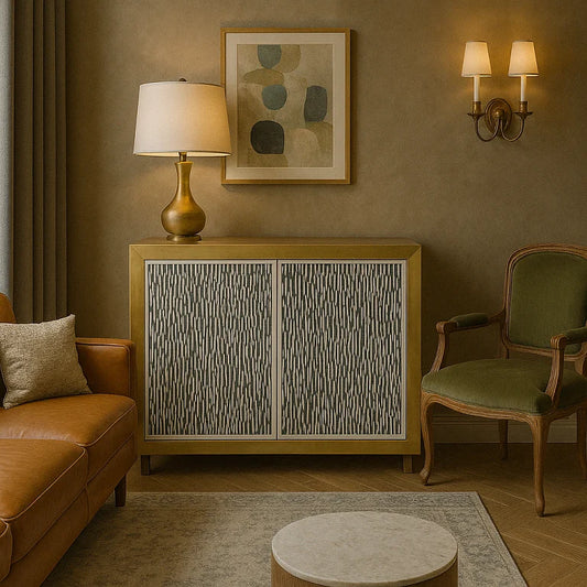 A Bone inlay and Brass Cladding Cabinet with black resin on doors and sides, brass cladding on borders and back, placed in a room setting with a lamp, chair, and artwork on the wall.
