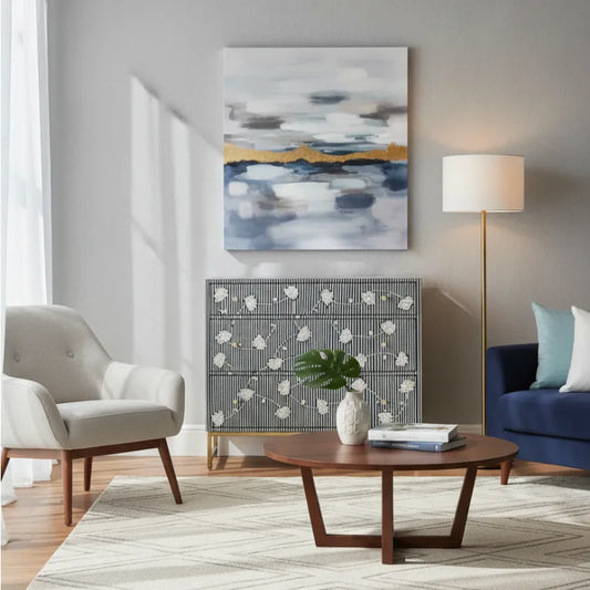 Bone Inlay Chest of 3 Drawers Floral Design in Navy Blue placed in modern living room setting.