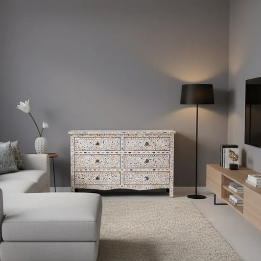 Modern living room with a bone inlay chest of drawers, sofa, and lamp.