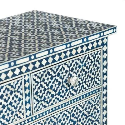 Decorative bone inlay chest of drawers with a blue and white geometric pattern