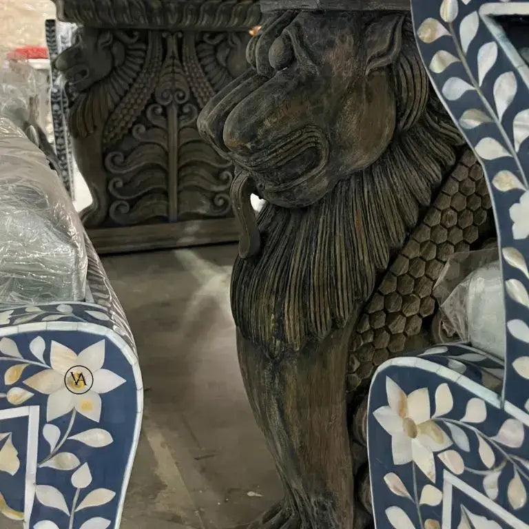 Hand-carved lion head base of royal blue Handmade Bone Inlay Luxury Dining Table