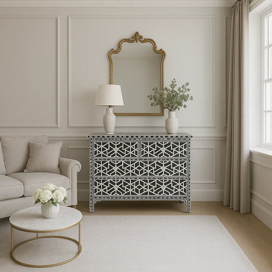 Black Bone Inlay Dresser with Crystal Knobs in Living Room Setting