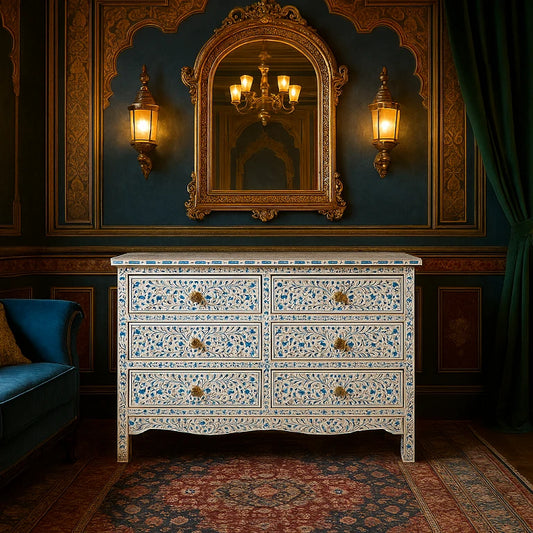 Antique bone inlay chest of drawers in luxury interior