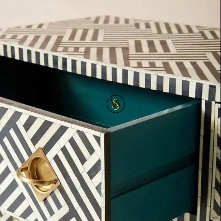 bone inlay chest of drawers with geometric pattern and gold handle