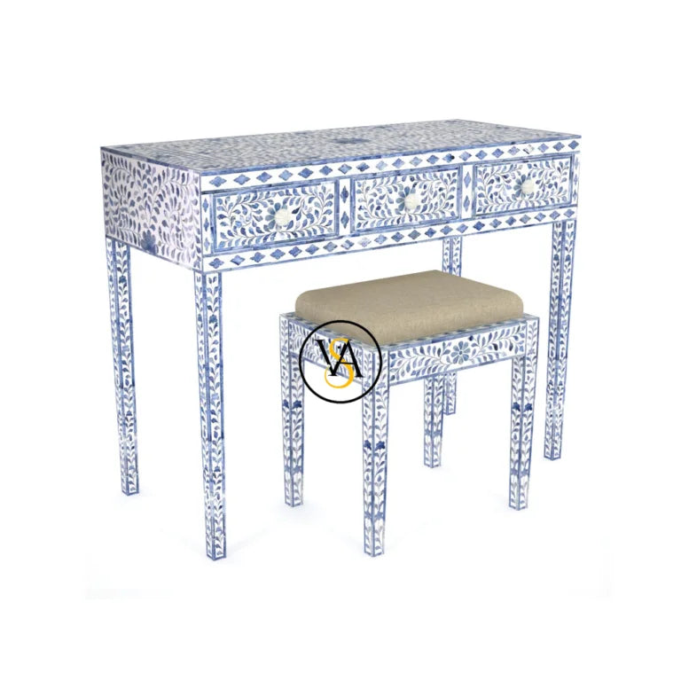 Bone inlay dressing table with matching cushioned stool set