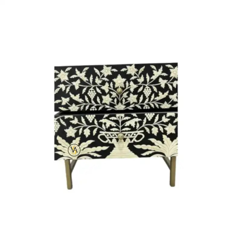 Bone Inlay Floral Design Embossed Bedside Table Black