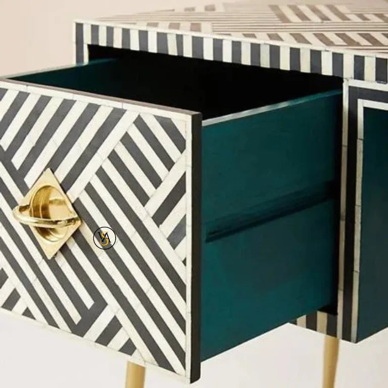 Close-up of Drawer on Bone Inlay Florida Design Black Console Table