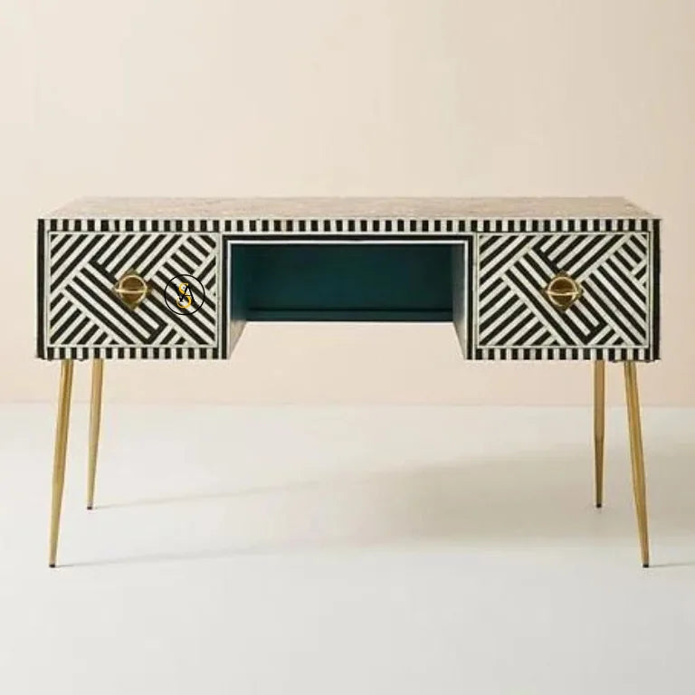 Bone Inlay Florida Design Black Console Table Front View