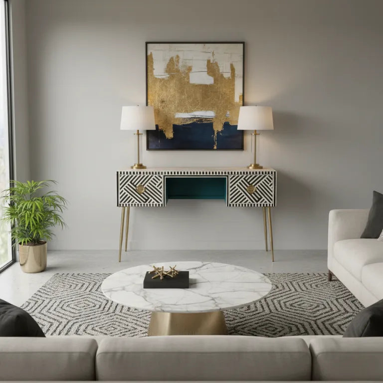 Bone Inlay Florida Design Black Console Table in Living Room Interior