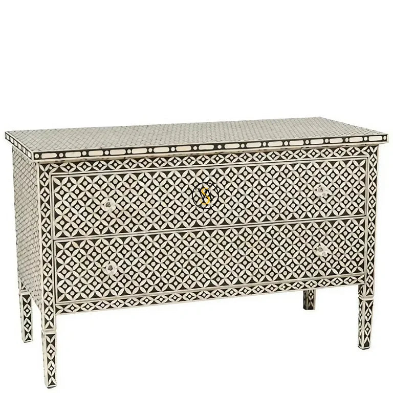 Bone inlay chest with two drawers and black-white geometric pattern – front view